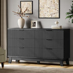 Xixini Fluted Dresser with 6 Drawers, 54" Wide Modern Chest of Drawers with Metal Handle, Wooden Dresser TV Stand, Wood Closet Clothes Storage Organizer for Bedroom, Living Room, Hallway, Solid Black