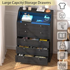 Black Dresser Tall 5 Drawer Dresser for Bedroom, Wood Chest of Drawers with LED Lights, Charging Station, Metal Handles, Modern Storage Cabinet and Organizer Drawers for Living Room, Hallway