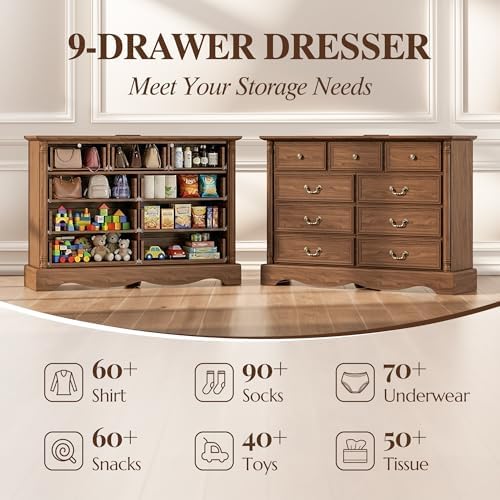 Farmhouse 9-Drawer Dresser with Charging Station for Bedroom