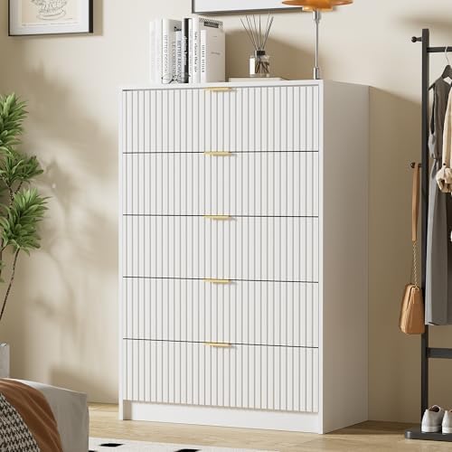 Furniway White Dresser for Bedroom, Modern Dresser with 5 Drawers and Smooth Slides, Wide Chest of Drawers with Golden Handles for Bedroom, Living Room, Closet, 15.7" D x 31.5" W x 47.2" H