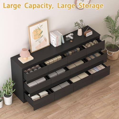 12 Drawers Dresser with Charging Station, Modern Large Dresser with 12 Handle Free Drawers, Wood Storage Chest of Drawers for Bedroom, Living Room, Entryway, Hallway, Black