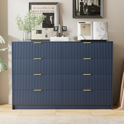 Furniway Navy Blue Dresser for Bedroom, Modern Dresser with 8 Drawers and Smooth Slides, Wide Chest of Drawers with Golden Handles for Bedroom, Closet, 15.7" D x 55" W x 37.4" H