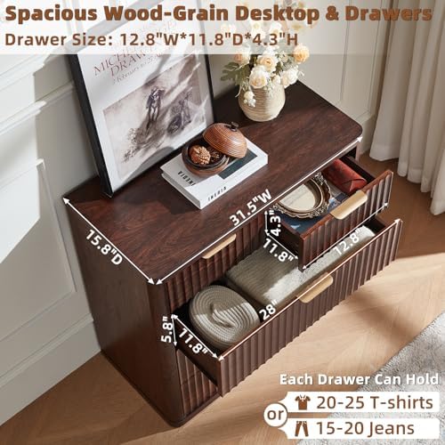 LEYAOYAO Fluted 5 Drawers Dresser for Bedroom Set of 2, 34" Tall Modern Chest of Drawers with Metal Handle, Curved Profile Design,Walnut Wood Drawer Organizer for Bedroom, Living Room, Hallway