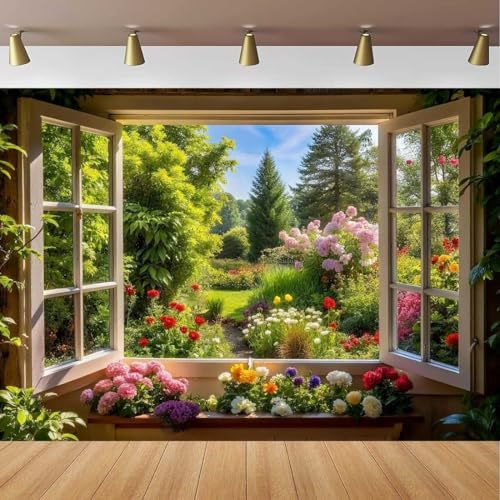 Spring Summer Garden Window Backdrop for Photography Floral Nature Landscape Photo Background Flowers and Trees Vibrant Flowers Party Decorations Banner Wedding Baby Shower Party Supplies 7x5ft - size: 7x5ft