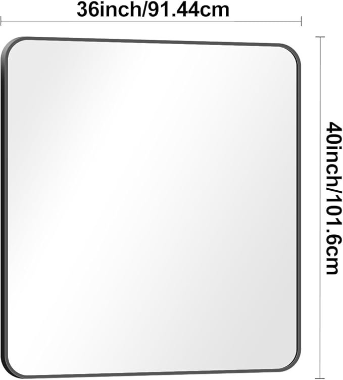 BONEWEI 36x40 inch Bathroom Mirror,Black Rectangle Mirror,Wall Mounted Bathroom Frame Vanity Mirror with Round Corner for Bedroom Living Room,Entryway Hangs Horizontal or Vertical