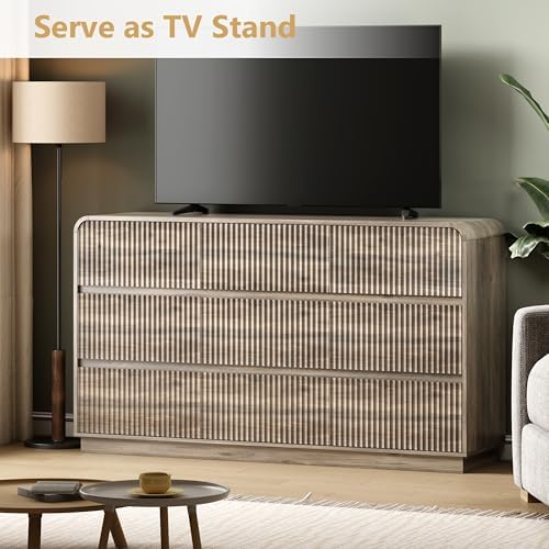 Wodeer Grey Dresser Fluted 9 Drawers Dresser for Bedroom, 59" Wide Wood Chest of Drawers with Hidden Handles & Rounded Corners, Modern TV Stand Storage Cabinet for Living Room, Hallway, Entryway, Gray