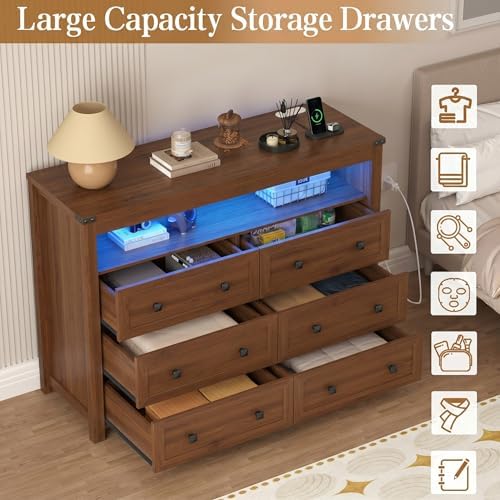 Wodeer Dresser 6 Drawer Dressers for Bedroom with LED Lights, Charging Station, Wood Chest of Drawers with Metal Handles, Modern TV Stand Storage Cabinet for Living Room, Hallway, Entryway, Walnut