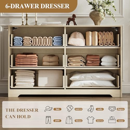 MALOL 6 Drawer Dresser for Bedroom,55" Wide Large Wooden Storage Organizer Chest of Drawers,Modern Wooden Closet Storage Chest/TV Stand with Metal Handles,for Living Room,Hallway,Entryway,NaturalWood