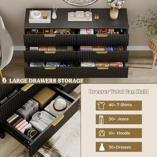 Wood Tall 6 Drawers Dresser, 53.2" W Fluted Modern Dressers for Bedroom