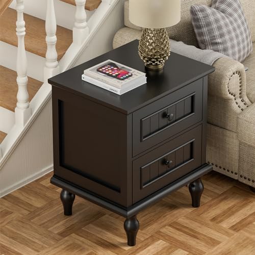 Black Nightstand Set of 2, Vintage Bedside Tables with Drawers for Bedroom