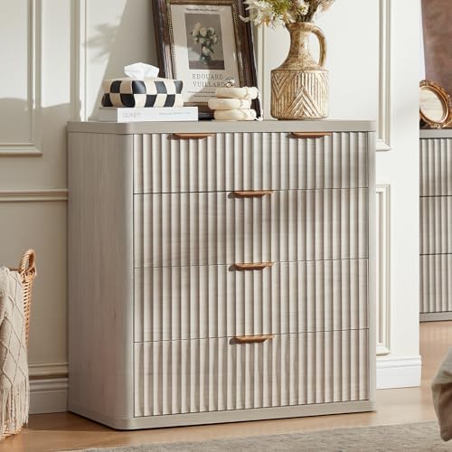 LEYAOYAO Fluted 5 Drawers Dresser for Bedroom, 34" Tall Modern Chest of Drawers with Metal Handle, Curved Profile Design,Light Grey Wood Drawer Organizer for Bedroom, Living Room, Hallway, Entryway