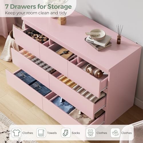 Modern 7 Drawer Dresser for Bedroom,Pink Wood Chest of Drawers,Closet Clothes Storage Organizer with Deep Drawers for Living Room Hallway Entryway,Nursery (15.3" D x 47.2" W x 32.3" H)