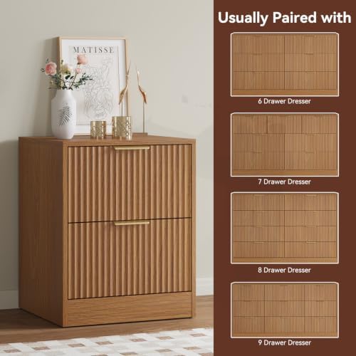7 Drawer Dresser & 2-Drawer Nightstand Set 3-Piece, Natural Wood丨55 Wide Bedroom Set Night Stand Set of 2 with Metal Handle, Fluted Wood Chest of Drawers Storage Dressers Set for Bedroom