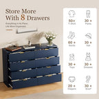 Furniway Navy Blue Dresser for Bedroom, Modern Dresser with 8 Drawers and Smooth Slides, Wide Chest of Drawers with Golden Handles for Bedroom, Closet, 15.7" D x 55" W x 37.4" H