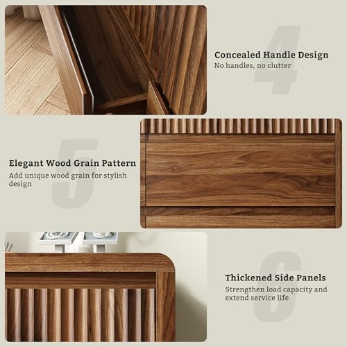 LYNSOM Walnut Fluted 6 Drawer Dresser for Bedroom, Curved Edge, 50" Wide