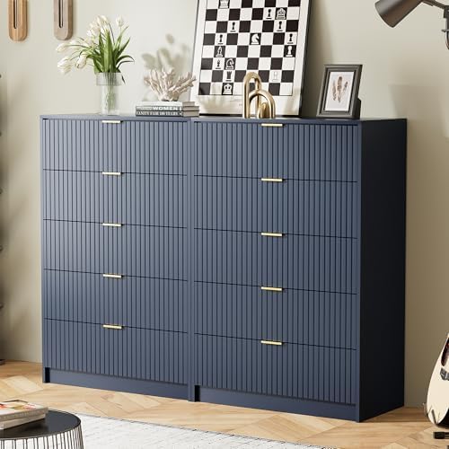 Furniway Blue Dresser for Bedroom, Modern Dresser with 5 Drawers and Smooth Slides, Wide Chest of Drawers with Golden Handles for Bedroom, Living Room, Closet, 15.7" D x 31.5" W x 47.2" H