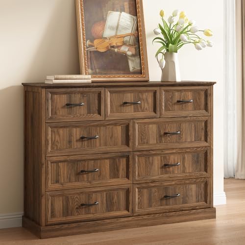 Farmhouse 9 Drawer Dresser for Bedroom, 55" Walnut Dresser with TV Stand