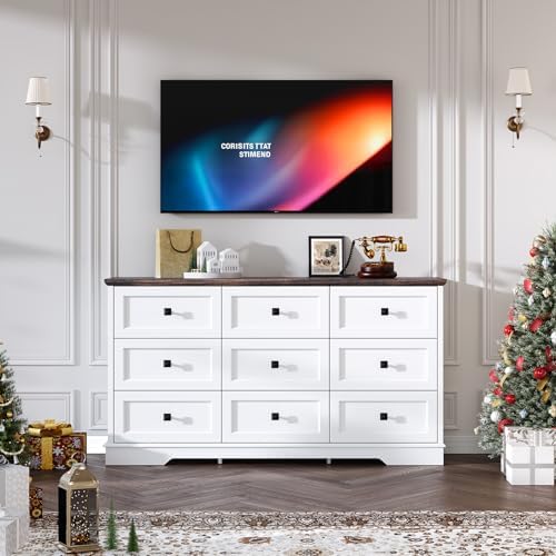 Farmhouse 9 Drawers Dresser Chests for Bedroom, White 9 Drawers TV Stand