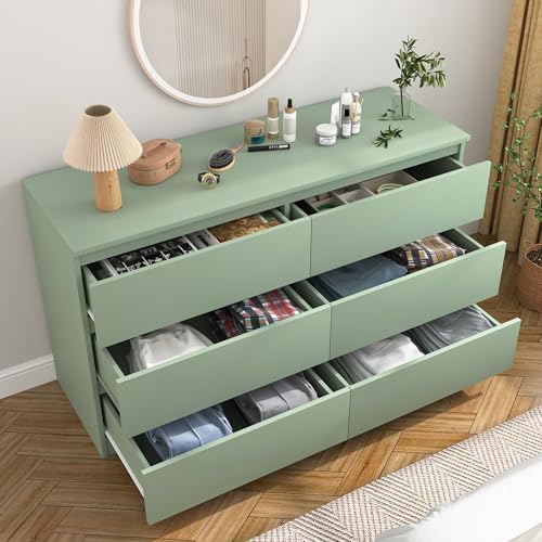 VERYKE Green 6 Drawer Dresser for Bedroom,Chest of Drawers with No-Handle Design for Closet,Modern Wood Dresser Bedroom Storage Furniture