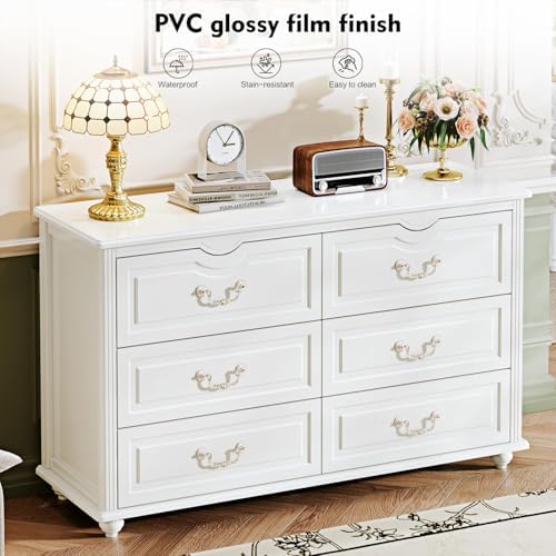 Chrangmay Modern 6 Drawers Dresser Chests for Bedroom,TV Stand,47.2 Wide Chest of Drawers with Handle,Clothes Organizer,Large Storage Cabinet for Living Room,Hallway,with Anti-Tipping Device,Cream