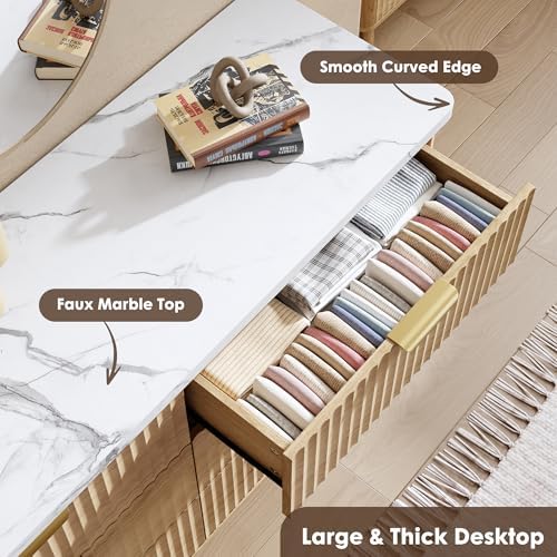 GarveeHome Fluted Dresser for Bedroom with 9 Deep Drawers, Natural Oak