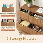 9 Drawer Fluted Dresser for Bedroom with Deep Drawers, Light Walnut丨63 Wide Wood Dresser, Large Chest of Drawers, Modern Long TV Stand, Storage Cabinet Side Table for Living Room, Hallway