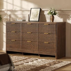 Fluted 9 Drawer Dresser for Bedroom, 59" Horizontal Wide Modern Low Profile Chest of Drawers with Metal Handle & Storage, Long Wooden Dresser TV Stand for Living Room & Closet, Walnut Brown Dresser