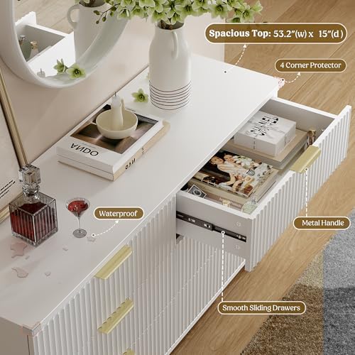 Wood Tall 6 Drawers Dresser, 53.2" W Fluted Modern Dressers for Bedroom