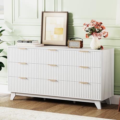 Bonnlo Fluted Dresser, 57" Wide Dresser Wood, Large 9 Drawer Dressers for Bedroom with Metal Handle, Wooden Dresser TV Stand, White