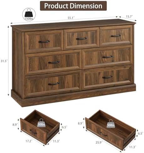 Farmhouse 7 Drawer Dresser for Bedroom, 55" Walnut Dresser with TV Stand
