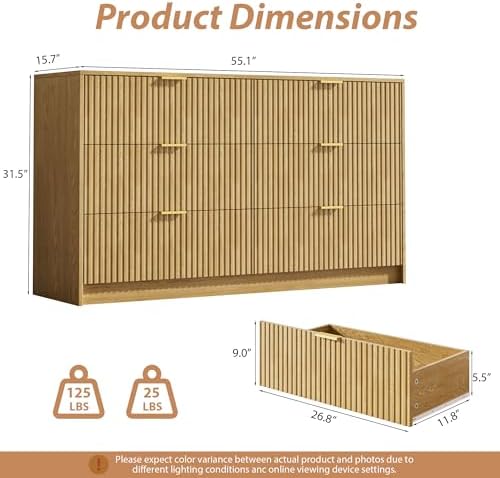 MAISONARIA 6 Drawer Dresser for Bedroom, 55" Wide Modern Chest of Drawers with Gold Metal Handles, Fluted Wood TV Stand for Living Room, Hallway, Natural
