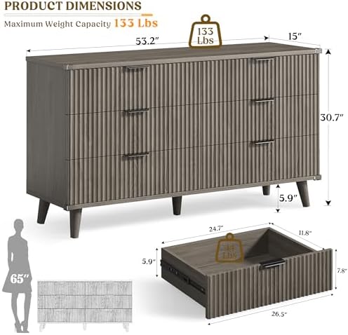 Wood Tall 6 Drawers Dresser, 53.2" W Fluted Modern Dressers for Bedroom