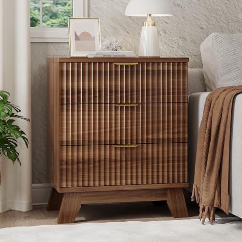 Xixini Fluted Nightstand with 3 Drawers, 24" Wide Side Table, Walnut