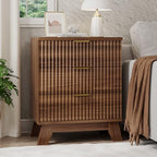 Xixini Fluted Nightstand with 3 Drawers, 24" Wide Side Table, Walnut