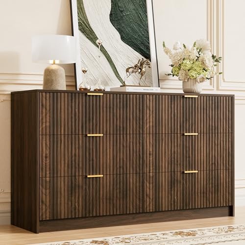 Furniway Walnut Dresser for Bedroom, Modern Dresser with 6 Drawers and Smooth Slides, Wide Chest of Drawers with Golden Handles for Bedroom, Living Room, Closet, 15.7" D x 55.1" W x 31.4" H