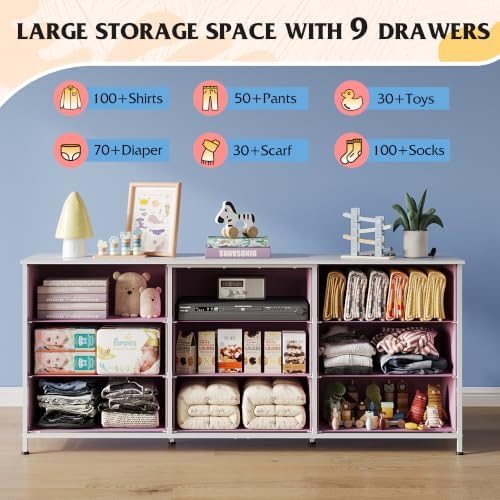 WLIVE Dresser TV Stand for 75 Inch TV, 9 Drawer Dresser for Bedroom, A-Pink