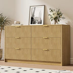 MAISONARIA 6 Drawer Dresser for Bedroom, 55" Wide Modern Chest of Drawers with Gold Metal Handles, Fluted Wood TV Stand for Living Room, Hallway, Natural