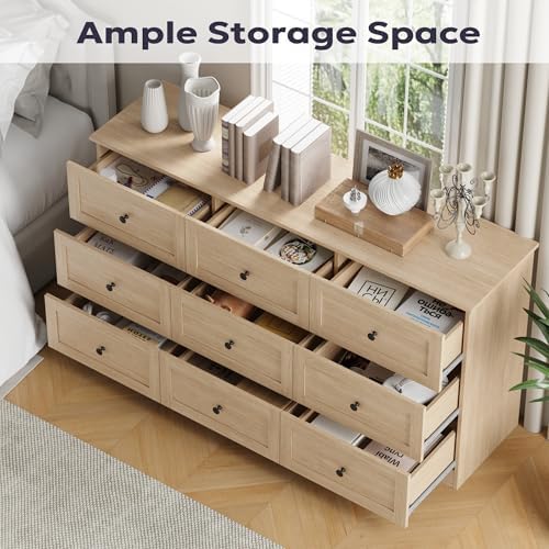 Furnify 9 Drawer Dresser, 59" Wide Dresser for Bedroom, Modern Large Chest of Drawers, TV Stand for 65 inch, Storage Organizer with Metal Handles for Bedroom, Living Room, Hallway, Natural