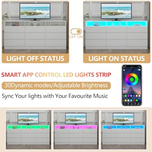 Gyfimoie 63" White 9-Drawer Dresser for Bedroom w/Power Outlet, LED Light