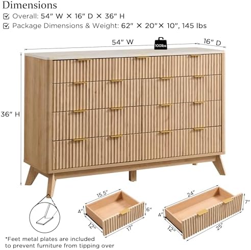 T4TREAM 54" Wide Fluted 9 Drawer Dresser for Bedroom, Natural Oak