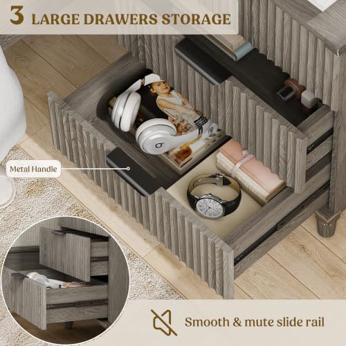3 Drawers Nightstands Set of 2 w/Charging Station, Modern Fluted Dresser