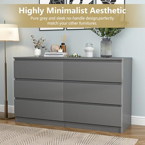 Grey Dresser for Bedroom,48'' Modern 6 Drawer Dresser with Deep Drawer,Storage Wide Chest of Drawers,Wood Bedroom Storage Furniture for Living Room,Closet