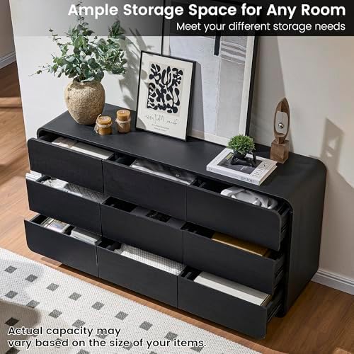 Standifurno Dresser for Bedroom, Modern Cuved Dresser with 9 Drawers,Black Dresser with Handleless Design, Closet Storage Dresser, 15.43" D x 57" W x 28.3" H (9 Drawers)