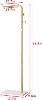 DOORXIFO Gold Coat Rack with White Base, Freestanding Entryway Rack with 3 Hooks, L Shape Home Coat Hanger for Jackets, Hats, Clothes