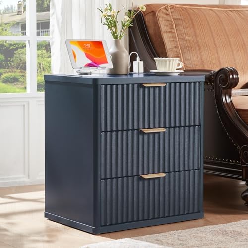 LEYAOYAO Fluted Nightstand with Charging Station, 23" Modern Night Stand with Woodgrain Top, 3 Drawers End Table w/Storage, Bedside Tables for Bedroom, Living Room, Curved Profile Design, Blue
