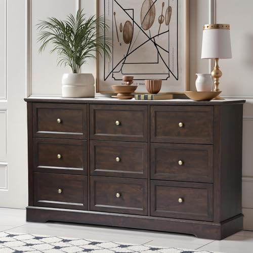 LOUVIXA Farmhouse Dresser 9 Drawer, Bedroom Chest of Drawers, Dressers with 9 Drawers, Wooden Dressers for Bedroom, Living Room, Tv Stand, Entryway(Vintage Brown)