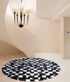 Sn Alef Home Black & White Round Rug | Checkered Floral Designer Carpet for Living Room | Handcrafted Circular Floor Mat for Home Decor & Meditation Space(7x7)