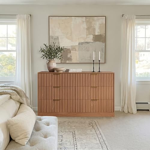 6 Drawer Dresser for Bedroom, 55" Wide Fluted Chest of Drawers