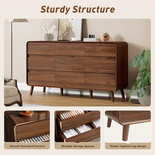 Nasonet 9 Drawer Dresser for Bedroom, 55'' Wide Mid Century Modern Wood Chest of Drawers, Large Storage Drawer Dresser TV Stand, Walnut