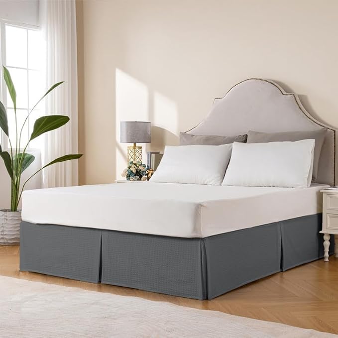 MIYE Pleated Waffle Weave Bed Skirt, Tailored Dust Ruffle 12 Inch Drop Easy Fit, Machine Washable (Dark Grey, Twin - 12" Drop)